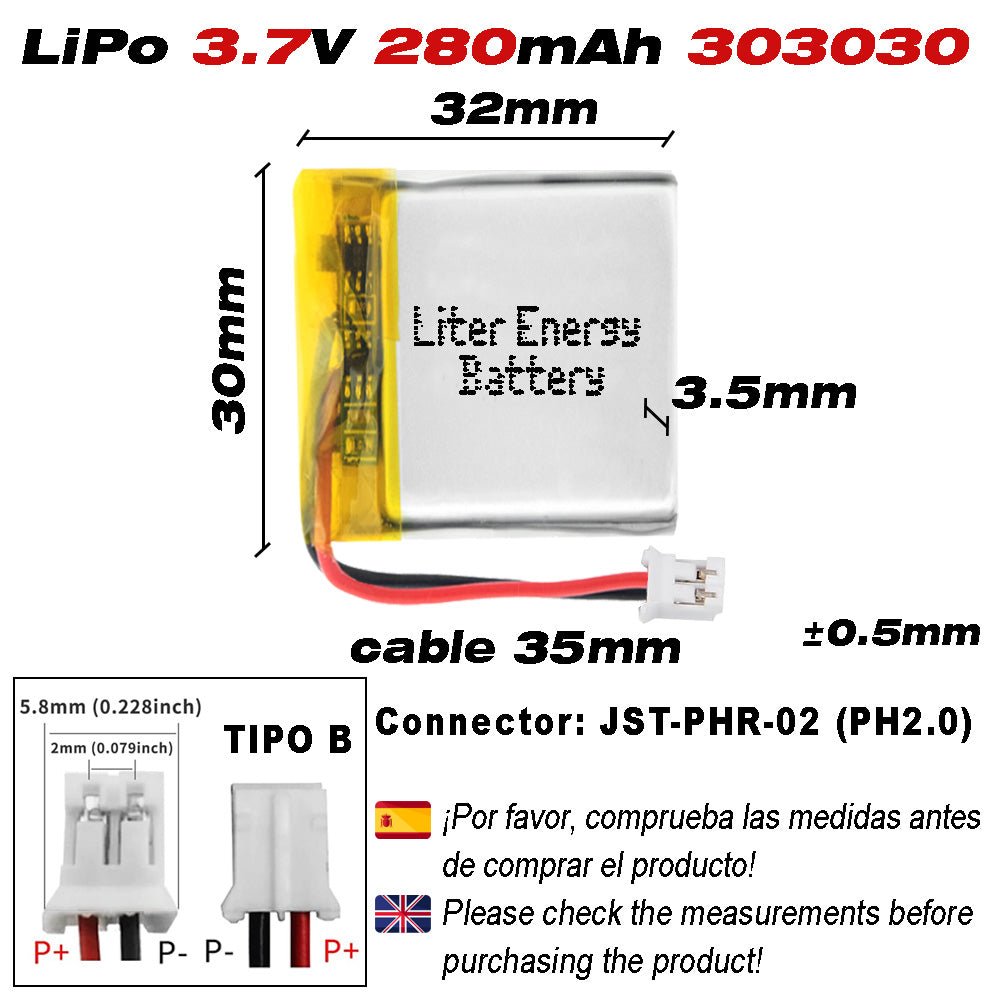 Batería 303030 LiPo 3.7V 280mAh 1.036Wh Recargable Conector PH2.0 (JST-PHR-02) Tipo B Litio: Asegúrese Que la polaridad del Dispositivo Coincide con la batería 32x30x3mm (PH2|280mAh|303030)