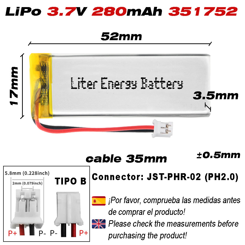Batería 351752 LiPo 3.7V 280mAh 1.036Wh Recargable Conector PH2.0 (JST-PHR-02) Tipo B Litio: Asegúrese Que la polaridad del Dispositivo Coincide con la batería 54x17x3.5mm(PH2|280mAh|351752)