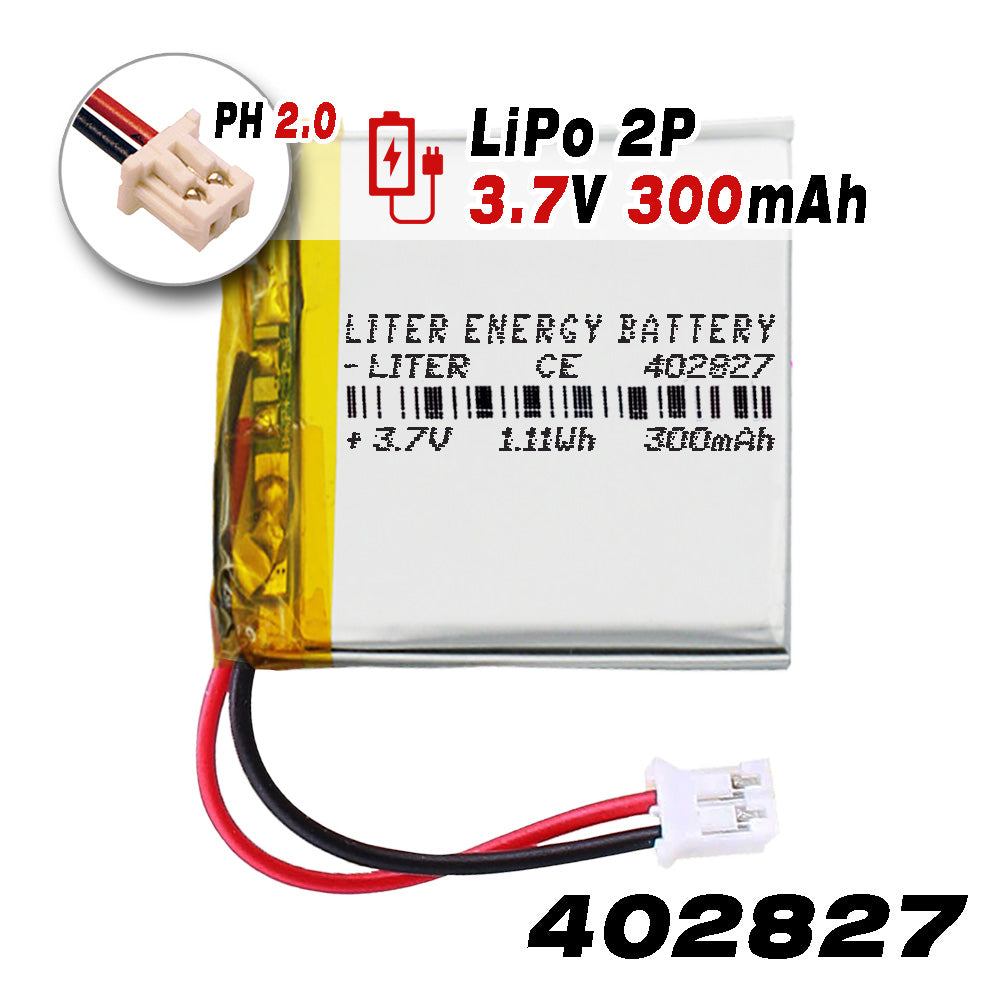 Batería 402827 LiPo 3.7V 300mAh 1.11Wh Recargable Conector PH2.0 (JST-PHR-02) Tipo B Litio: Asegúrese Que la polaridad del Dispositivo Coincide con la batería 29x28x4mm (PH2|300mAh|402827)