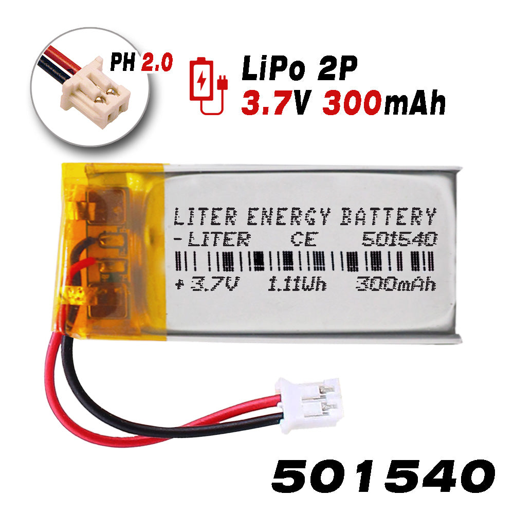 Batería 501540 LiPo 3.7V 300mAh 1.11Wh Recargable Conector PH2.0 (JST-PHR-02) Tipo B Litio: Asegúrese Que la polaridad del Dispositivo Coincide con la batería 42x15x5mm (PH2|300mAh|501540)