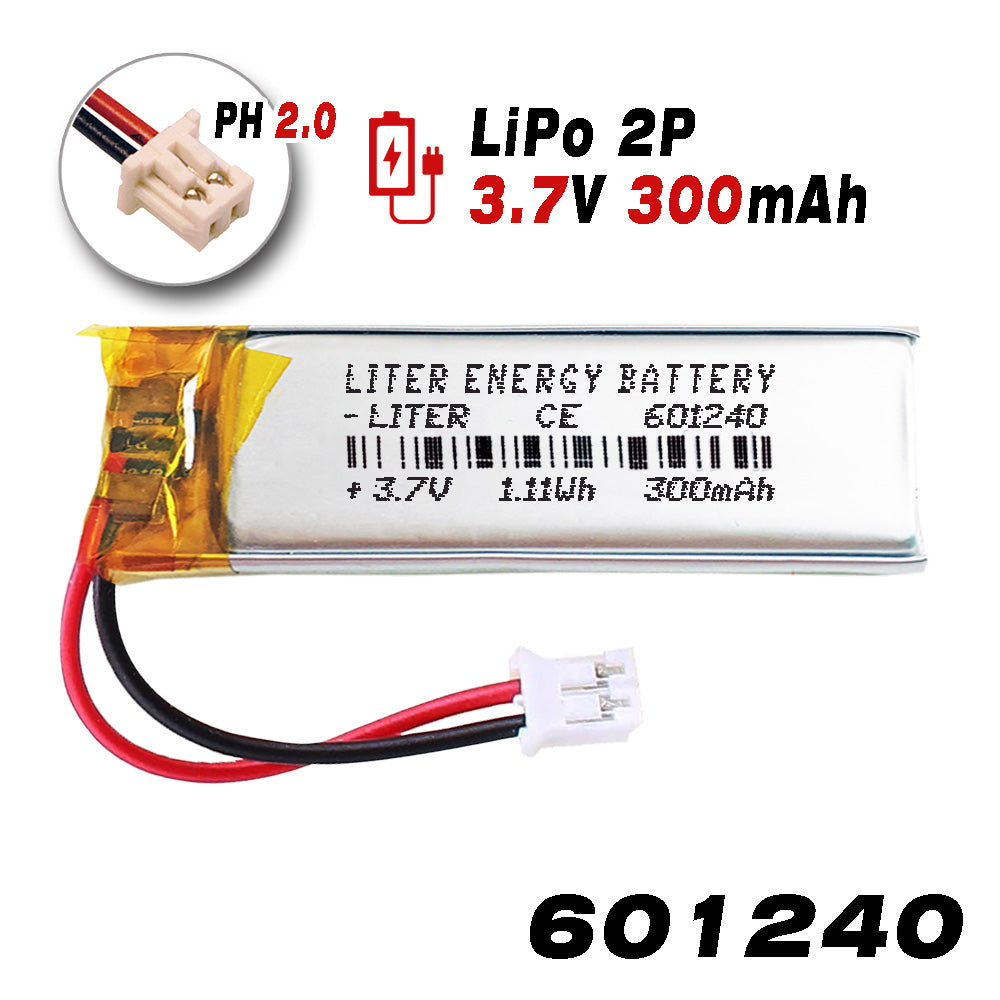 Batería 601240 LiPo 3.7V 300mAh 1.11Wh Recargable Conector PH2.0 (JST-PHR-02) Tipo B Litio: Asegúrese Que la polaridad del Dispositivo Coincide con la batería 42x12x6mm (PH2|300mAh|601240)