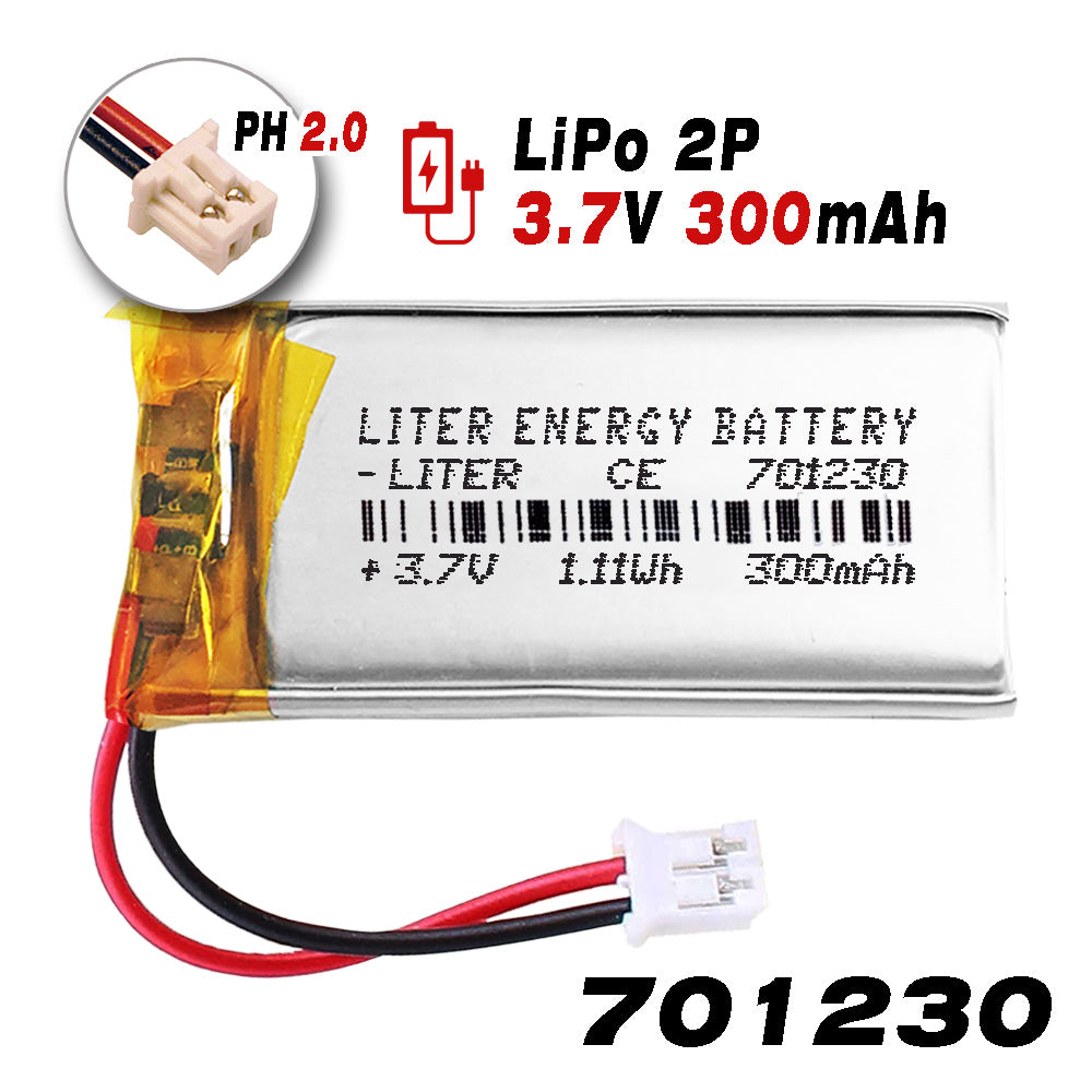 Batería 701230 LiPo 3.7V 300mAh 1.11Wh Recargable Conector PH2.0 (JST-PHR-02) Tipo B Litio: Asegúrese Que la polaridad del Dispositivo Coincide con la batería 32x12x7mm (PH2|300mAh|701230)