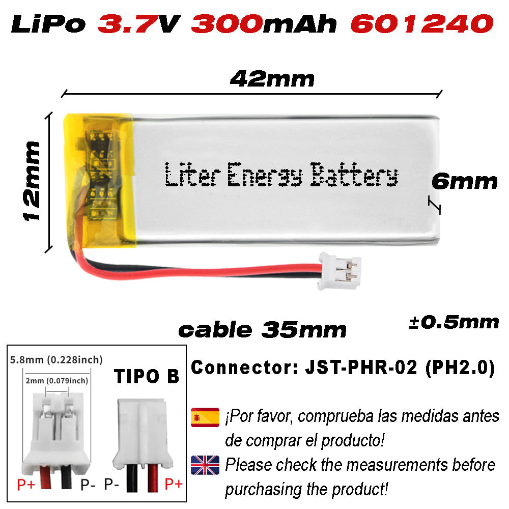 Batería 601240 LiPo 3.7V 300mAh 1.11Wh Recargable Conector PH2.0 (JST-PHR-02) Tipo B Litio: Asegúrese Que la polaridad del Dispositivo Coincide con la batería 42x12x6mm (PH2|300mAh|601240)