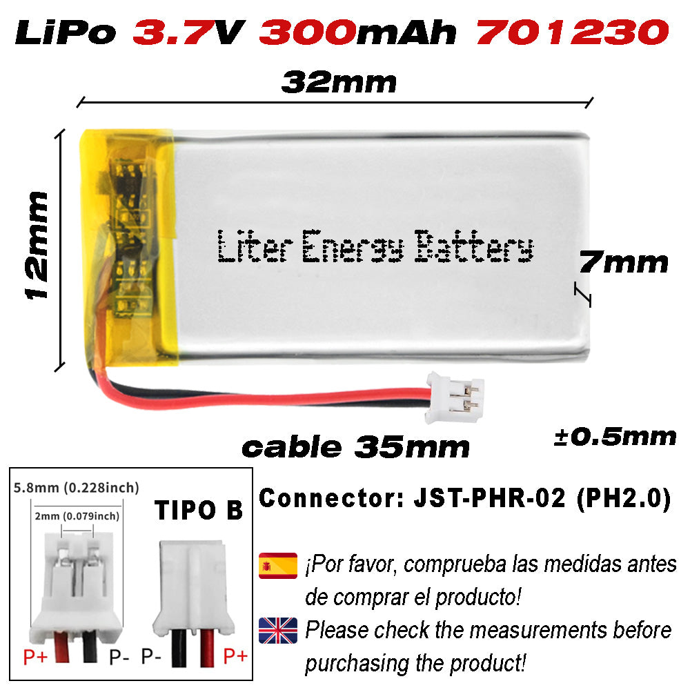 Batería 701230 LiPo 3.7V 300mAh 1.11Wh Recargable Conector PH2.0 (JST-PHR-02) Tipo B Litio: Asegúrese Que la polaridad del Dispositivo Coincide con la batería 32x12x7mm (PH2|300mAh|701230)