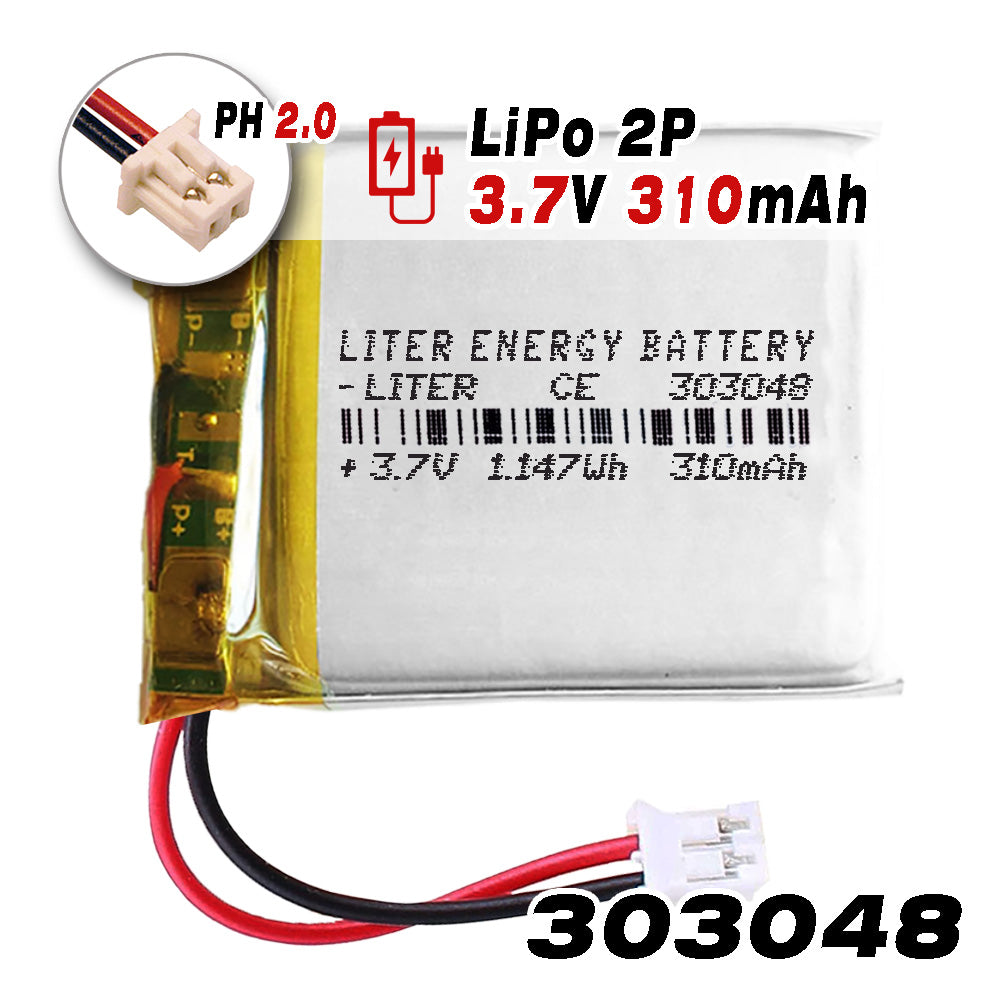 Batería 303048 LiPo 3.7V 310mAh 1.147Wh Recargable Conector PH2.0 (JST-PHR-02) Tipo B Litio: Asegúrese Que la polaridad del Dispositivo Coincide con la batería 50x30x3mm (PH2|310mAh|303048)