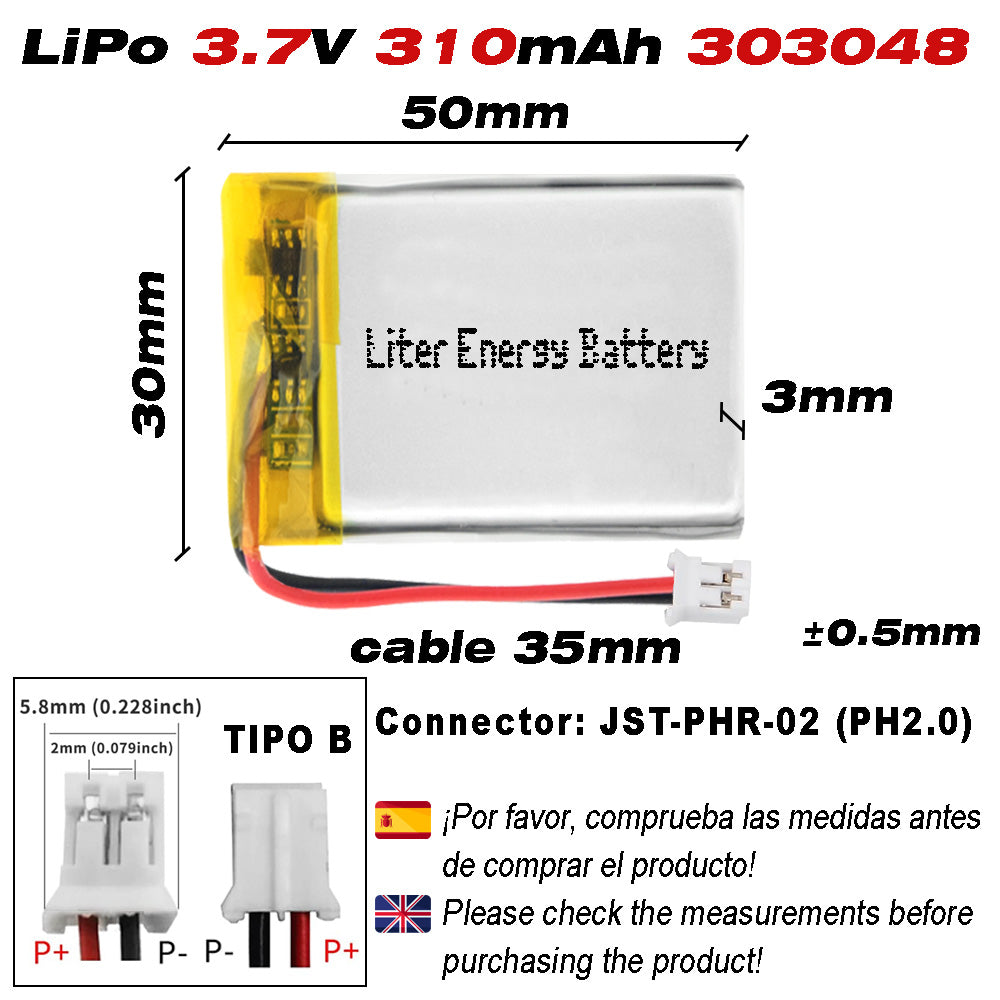 Batería 303048 LiPo 3.7V 310mAh 1.147Wh Recargable Conector PH2.0 (JST-PHR-02) Tipo B Litio: Asegúrese Que la polaridad del Dispositivo Coincide con la batería 50x30x3mm (PH2|310mAh|303048)