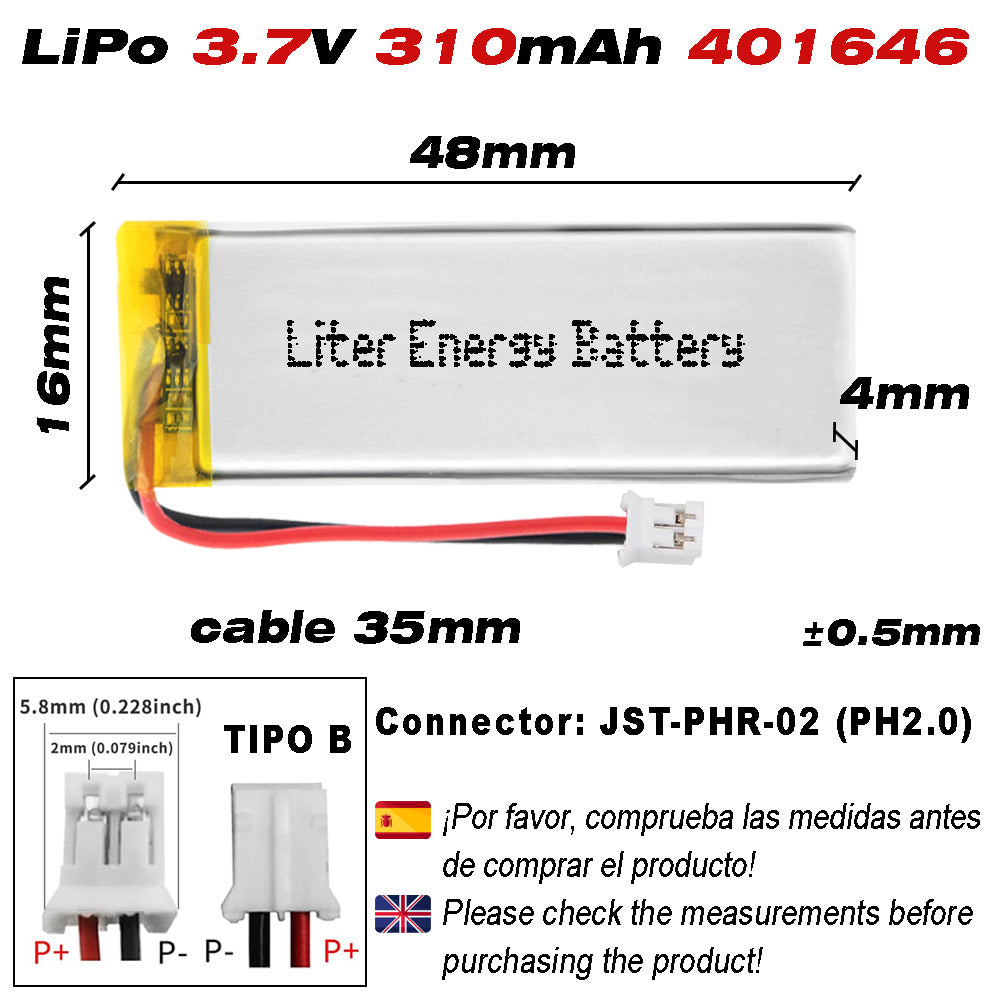 Batería 401646 LiPo 3.7V 310mAh 1.147Wh Recargable Conector PH2.0 (JST-PHR-02) Tipo B Litio: Asegúrese Que la polaridad del Dispositivo Coincide con la batería 48x16x4mm (PH2|310mAh|401646)