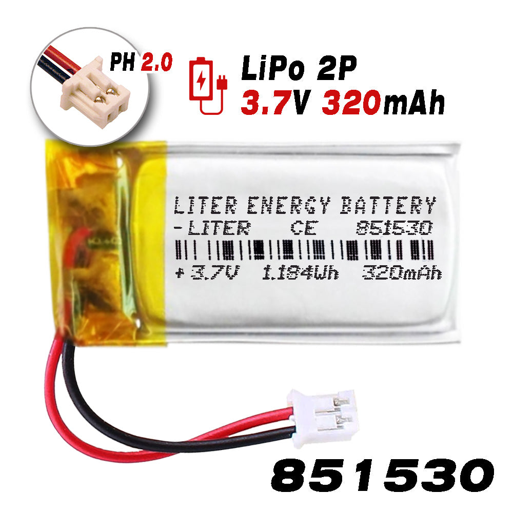 Batería 851530 LiPo 3.7V 320mAh 1.184Wh Recargable Conector PH2.0 (JST-PHR-02) Tipo B Litio: Asegúrese Que la polaridad del Dispositivo Coincide con la batería 32x15x8.5mm(PH2|320mAh|851530)