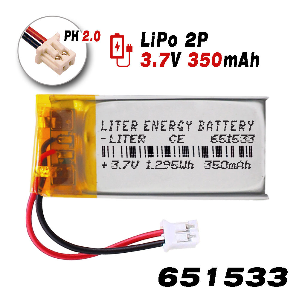 Batería 651533 LiPo 3.7V 350mAh 1.295Wh Recargable Conector PH2.0 (JST-PHR-02) Tipo B Litio: Asegúrese Que la polaridad del Dispositivo Coincide con la batería 35x15x6.5mm(PH2|350mAh|651533)