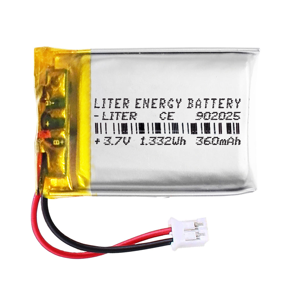 Batería 902025 LiPo 3.7V 360mAh 1.332Wh Recargable Conector PH2.0 (JST-PHR-02) Tipo B Litio: Asegúrese Que la polaridad del Dispositivo Coincide con la batería 27x20x9mm (PH2|360mAh|902025)