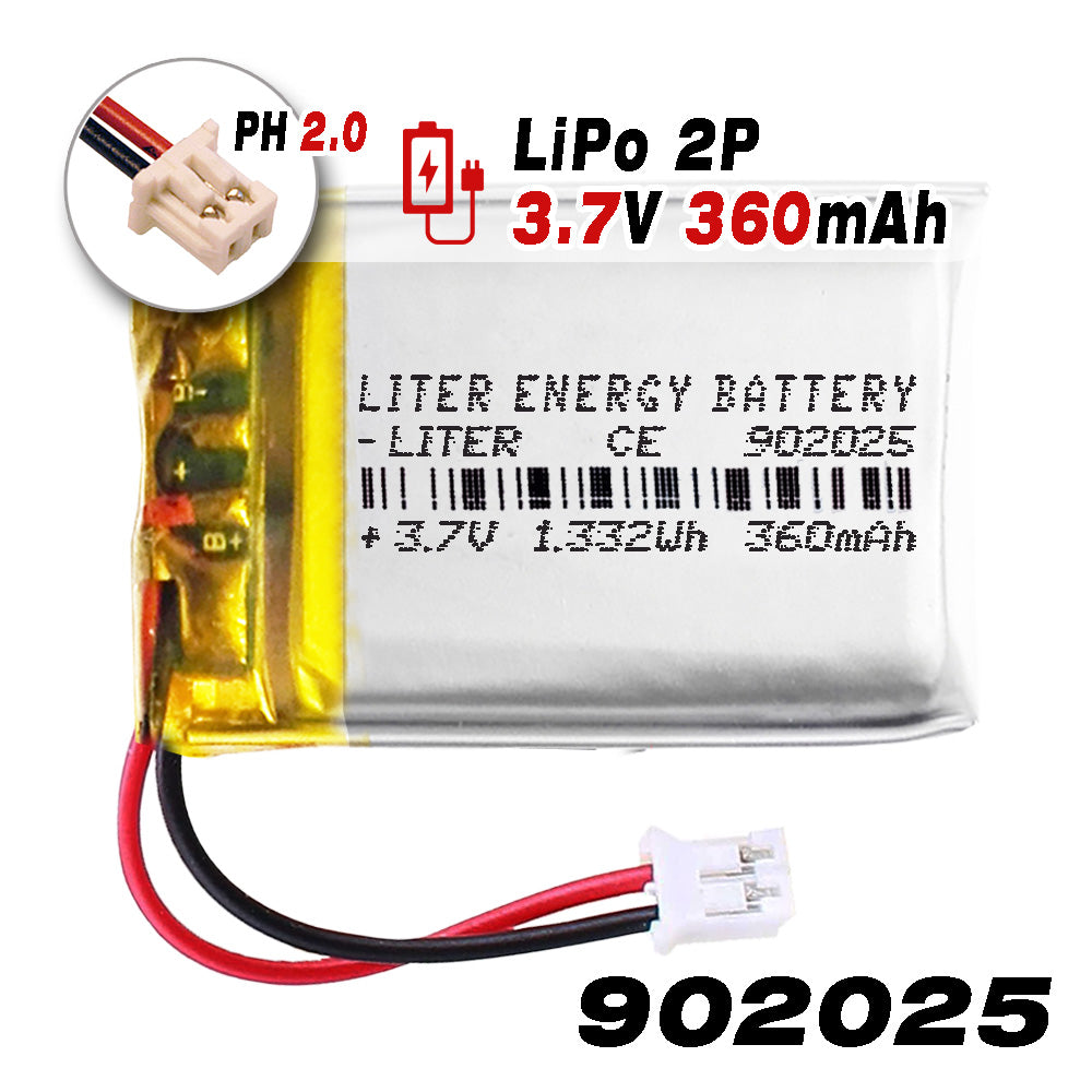 Batería 902025 LiPo 3.7V 360mAh 1.332Wh Recargable Conector PH2.0 (JST-PHR-02) Tipo B Litio: Asegúrese Que la polaridad del Dispositivo Coincide con la batería 27x20x9mm (PH2|360mAh|902025)