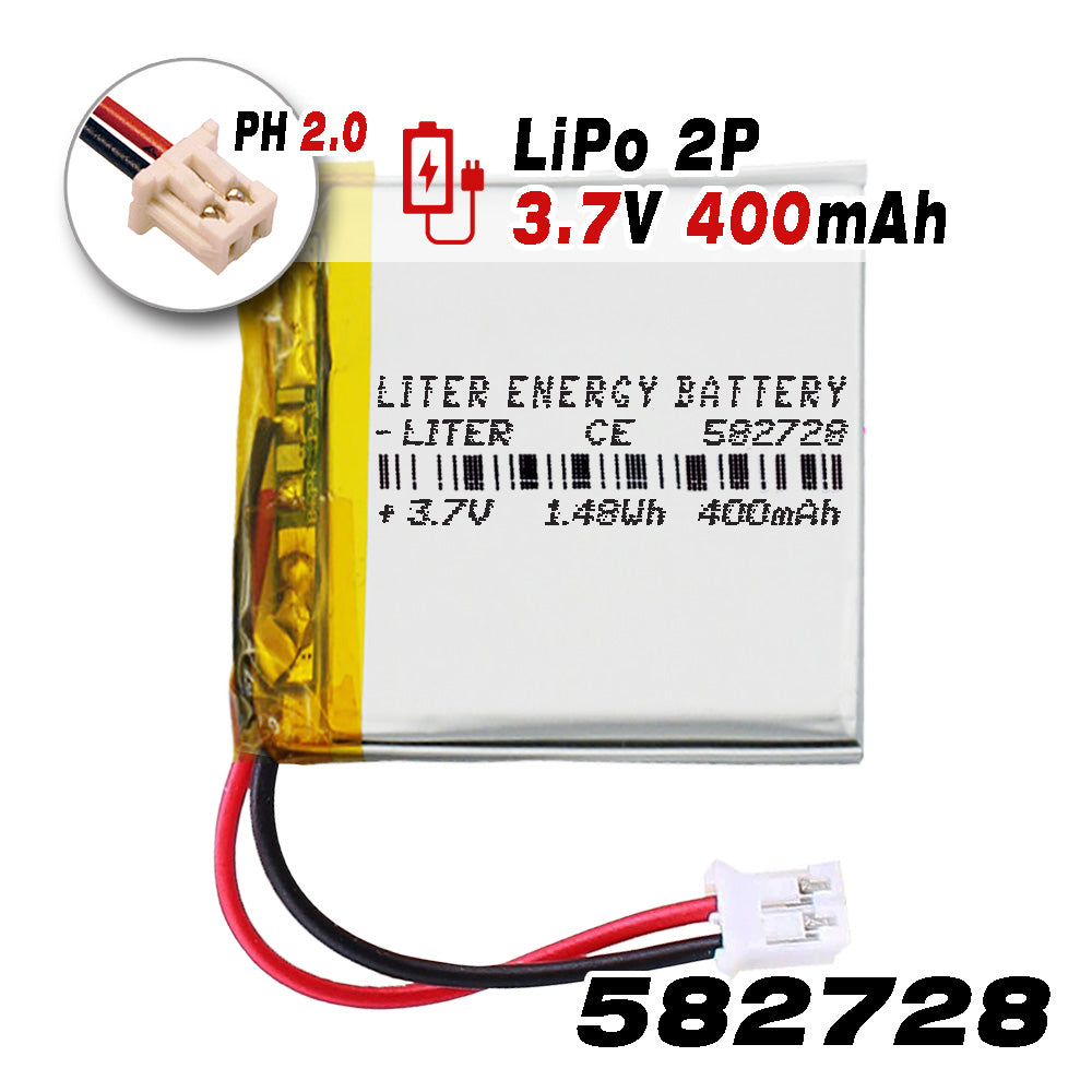 Batería 582728 LiPo 3.7V 400mAh 1.48Wh Recargable Conector PH2.0 (JST-PHR-02) Tipo B Litio: Asegúrese Que la polaridad del Dispositivo Coincide con la batería 30x27x6mm (PH2|400mAh|582728)