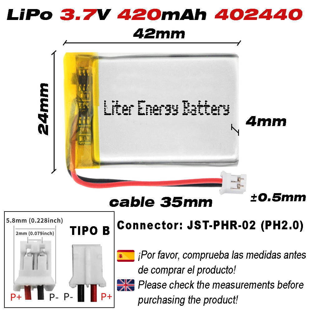 Batería 402440 LiPo 3.7V 420mAh 1.554Wh Recargable Conector PH2.0 (JST-PHR-02) Tipo B Litio: Asegúrese Que la polaridad del Dispositivo Coincide con la batería 42x24x4mm (PH2|420mAh|402440)