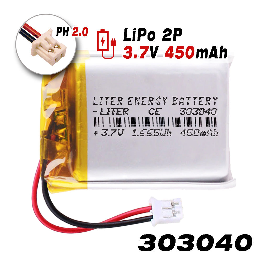 Batería 303040 LiPo 3.7V 450mAh 1.665Wh Recargable Conector PH2.0 (JST-PHR-02) Tipo B Litio: Asegúrese Que la polaridad del Dispositivo Coincide con la batería 42x30x3mm (PH2|450mAh|303040)