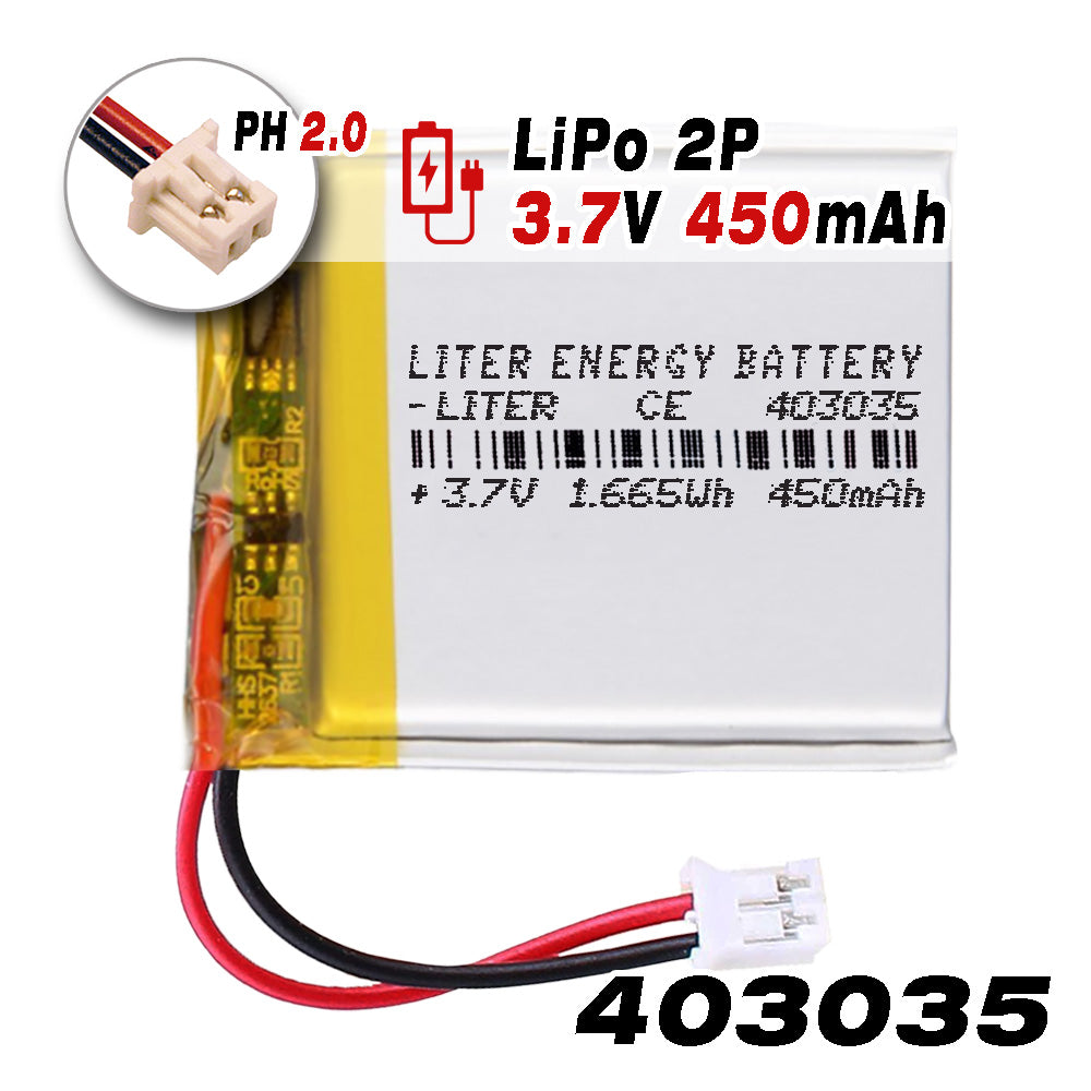 Batería 403035 LiPo 3.7V 450mAh 1.665Wh Recargable Conector PH2.0 (JST-PHR-02) Tipo B Litio: Asegúrese Que la polaridad del Dispositivo Coincide con la batería 37x30x4mm (PH2|450mAh|403035)