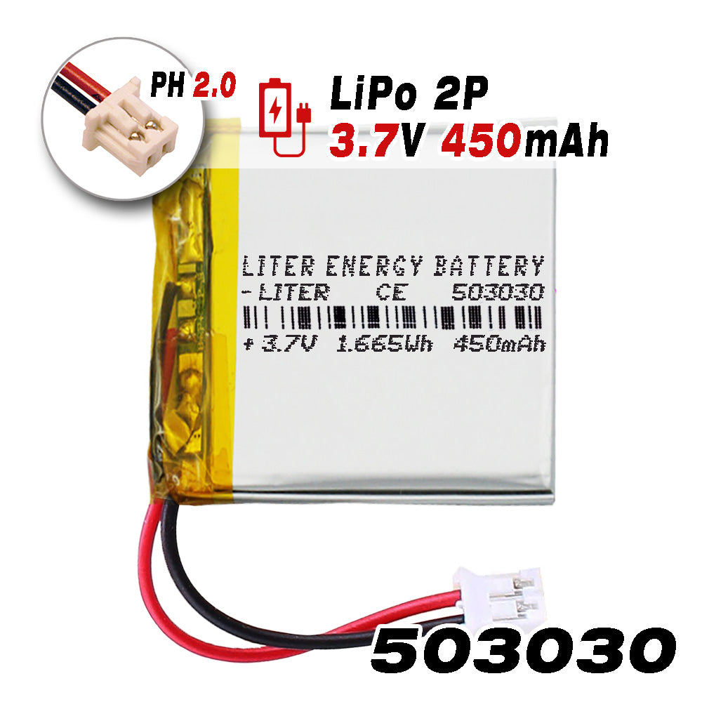 Batería 503030 LiPo 3.7V 450mAh 1.665Wh Recargable Conector PH2.0 (JST-PHR-02) Tipo B Litio: Asegúrese Que la polaridad del Dispositivo Coincide con la batería 32x30x5mm (PH2|450mAh|503030)