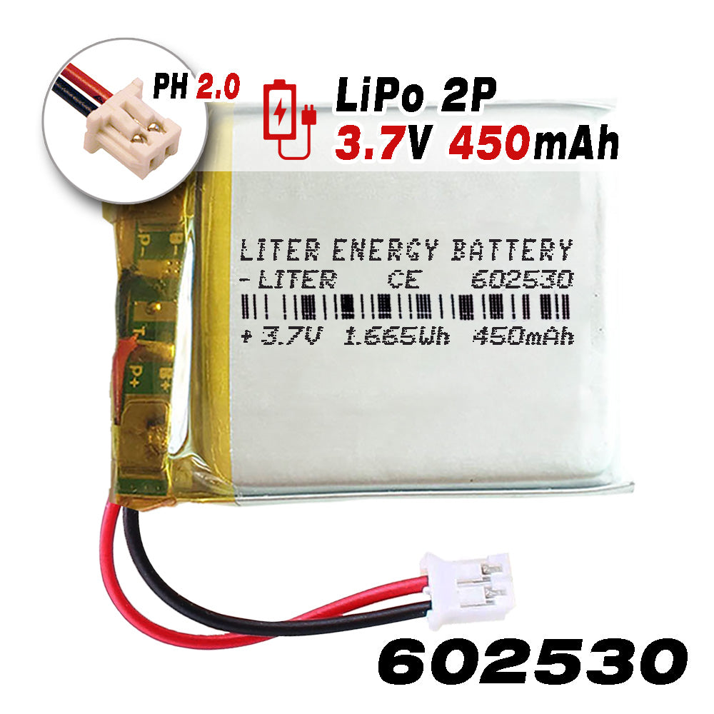 Batería 602530 LiPo 3.7V 450mAh 1.665Wh Recargable Conector PH2.0 (JST-PHR-02) Tipo B Litio: Asegúrese Que la polaridad del Dispositivo Coincide con la batería 32x25x6mm (PH2|450mAh|602530)