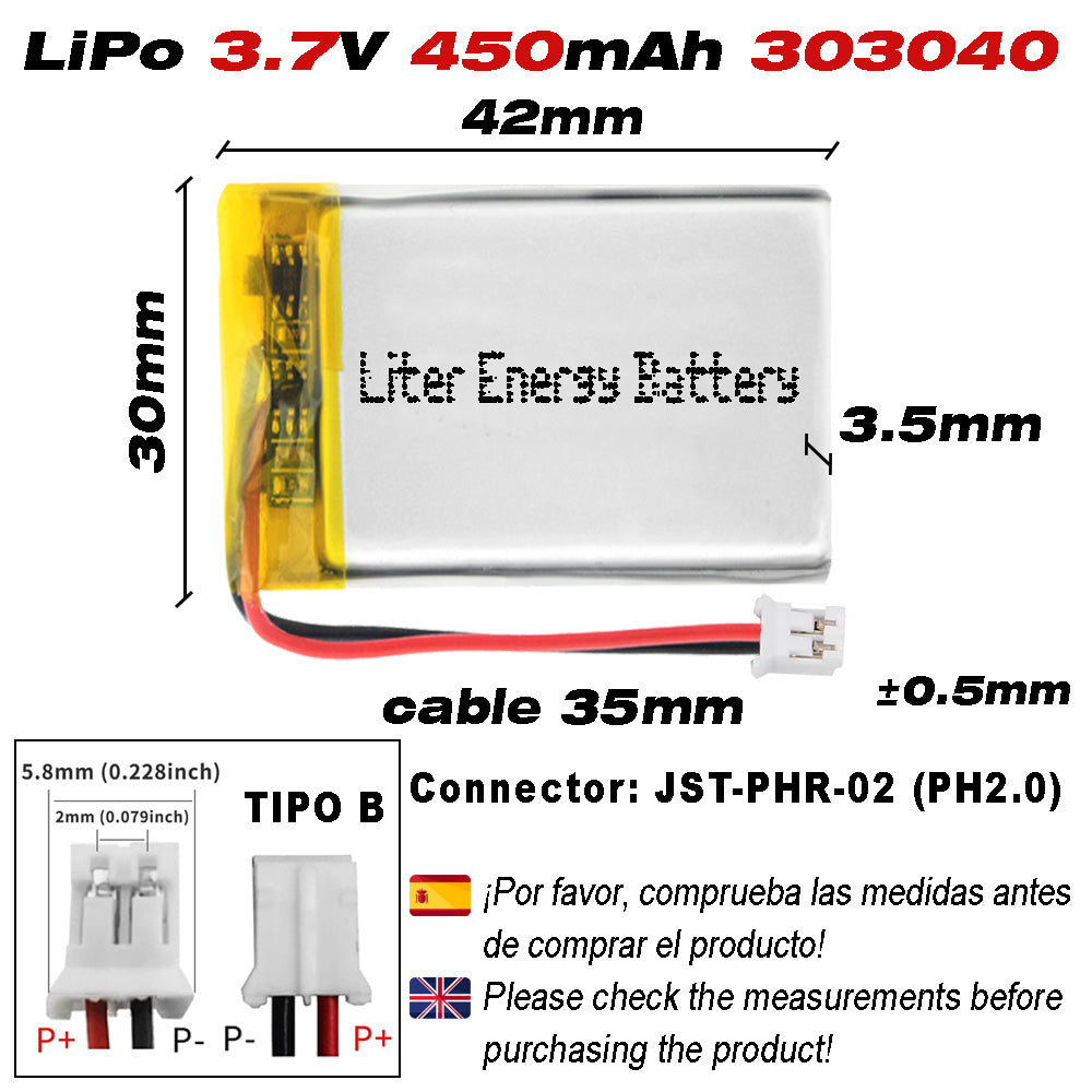 Batería 303040 LiPo 3.7V 450mAh 1.665Wh Recargable Conector PH2.0 (JST-PHR-02) Tipo B Litio: Asegúrese Que la polaridad del Dispositivo Coincide con la batería 42x30x3mm (PH2|450mAh|303040)