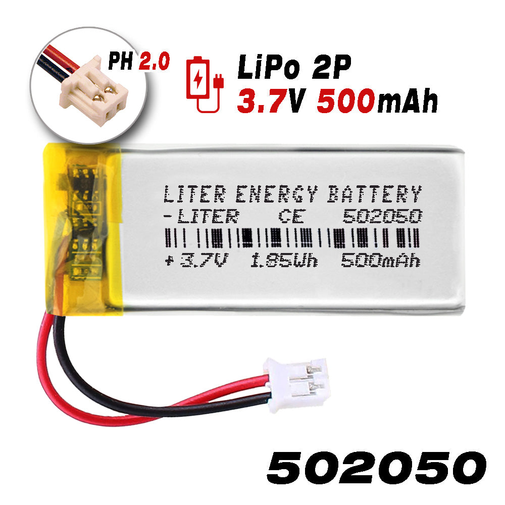 Batería 502050 LiPo 3.7V 500mAh 1.85Wh Recargable Conector PH2.0 (JST-PHR-02) Tipo B Litio: Asegúrese Que la polaridad del Dispositivo Coincide con la batería 42x20x5mm (PH2|500mAh|502050)