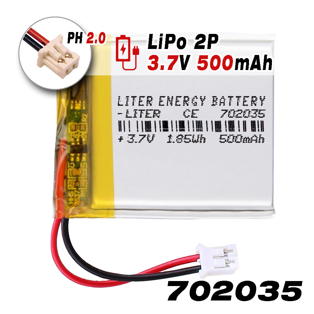 Batería 702035 LiPo 3.7V 500mAh 1.85Wh Recargable Conector PH2.0 (JST-PHR-02) Tipo B Litio: Asegúrese Que la polaridad del Dispositivo Coincide con la batería 37x20x7mm (PH2|500mAh|702035)