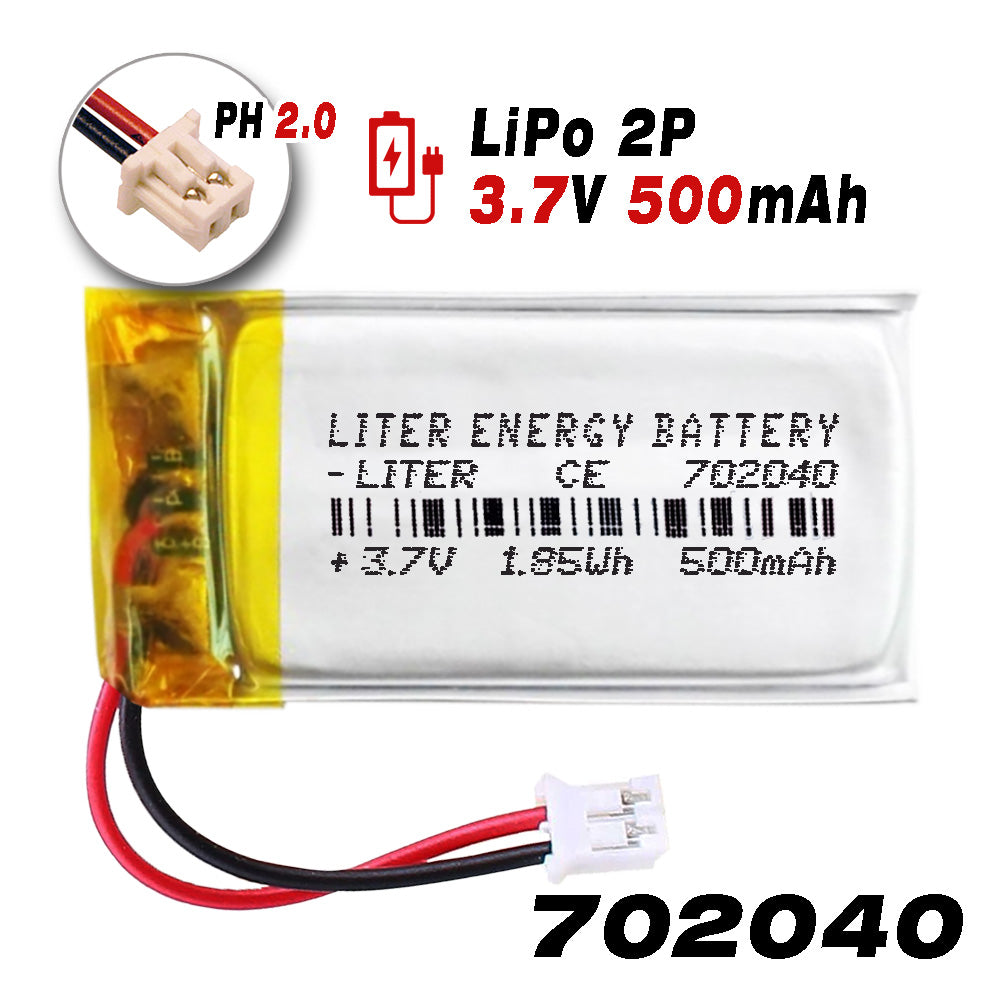 Batería 852526 LiPo 3.7V 500mAh 1.85Wh Recargable Conector PH2.0 (JST-PHR-02) Tipo B Litio: Asegúrese Que la polaridad del Dispositivo Coincide con la batería 28x25x8.5mm(PH2|500mAh|852526)