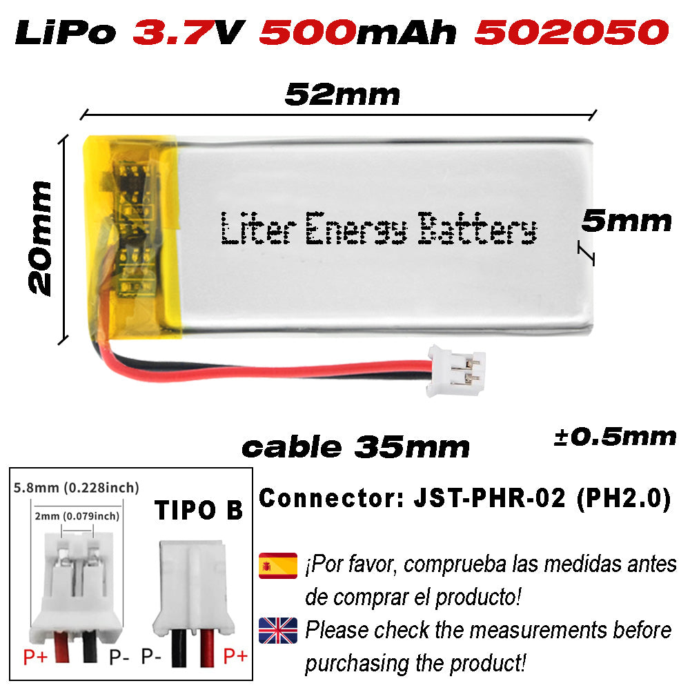 Batería 502050 LiPo 3.7V 500mAh 1.85Wh Recargable Conector PH2.0 (JST-PHR-02) Tipo B Litio: Asegúrese Que la polaridad del Dispositivo Coincide con la batería 42x20x5mm (PH2|500mAh|502050)