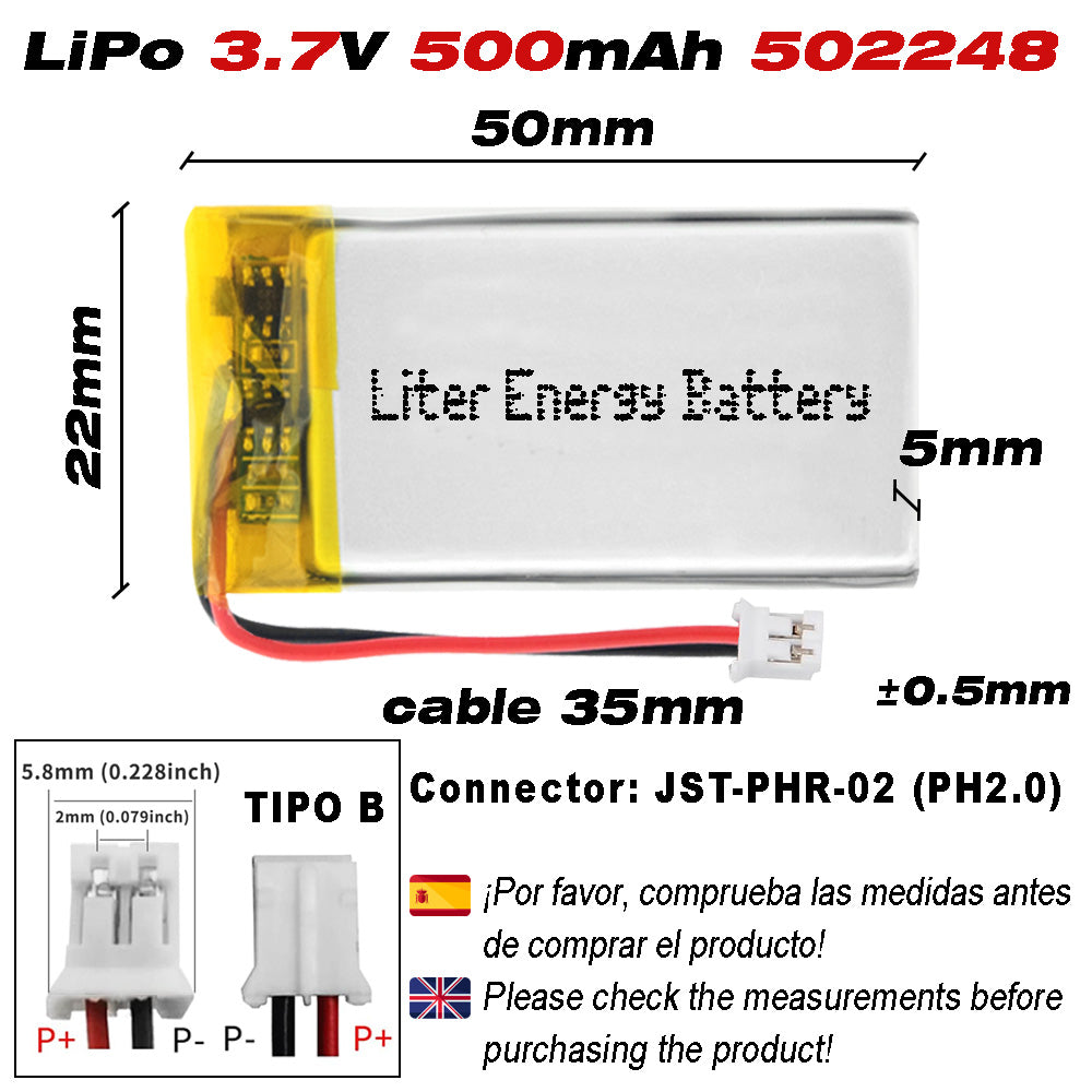 Batería 502248 LiPo 3.7V 500mAh 1.85Wh Recargable Conector PH2.0 (JST-PHR-02) Tipo B Litio: Asegúrese Que la polaridad del Dispositivo Coincide con la batería 50x22x5mm (PH2|500mAh|502248)