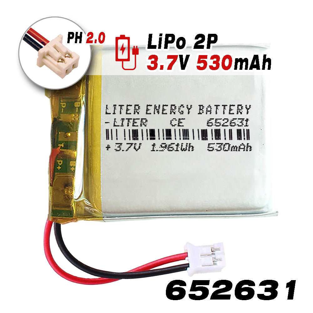 Batería 652631 LiPo 3.7V 530mAh 1.961Wh Recargable Conector PH2.0 (JST-PHR-02) Tipo B Litio: Asegúrese Que la polaridad del Dispositivo Coincide con la batería 33x26x6.5mm (PH2|530mAh|652631)