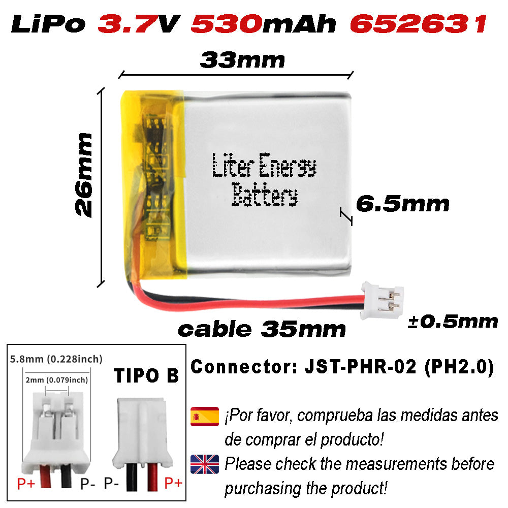 Batería 652631 LiPo 3.7V 530mAh 1.961Wh Recargable Conector PH2.0 (JST-PHR-02) Tipo B Litio: Asegúrese Que la polaridad del Dispositivo Coincide con la batería 33x26x6.5mm (PH2|530mAh|652631)