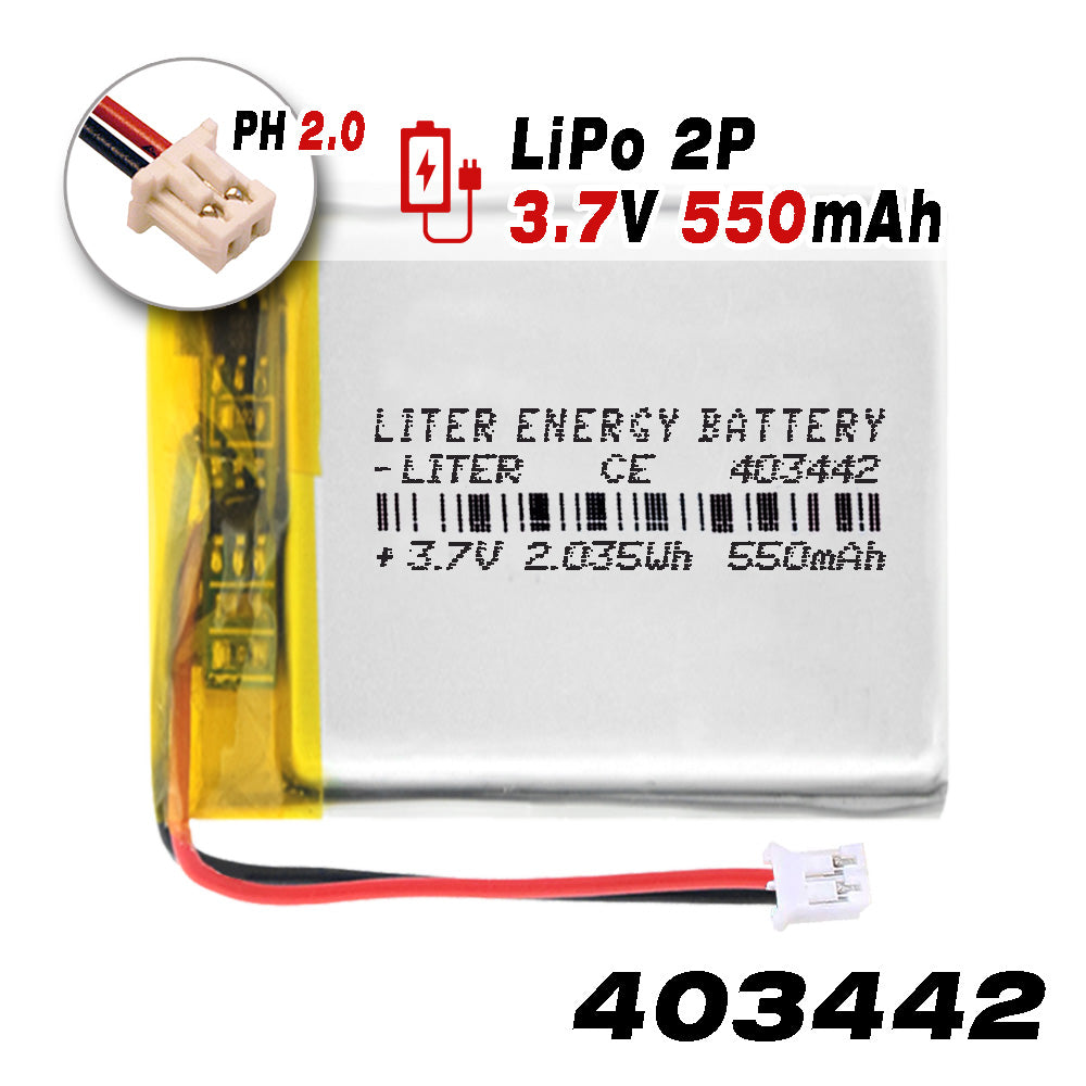 Batería 403442 LiPo 3.7V 550mAh 2.035Wh Recargable Conector PH2.0 (JST-PHR-02) Tipo B Litio: Asegúrese Que la polaridad del Dispositivo Coincide con la batería 44x34x4mm (PH2|550mAh|403442)