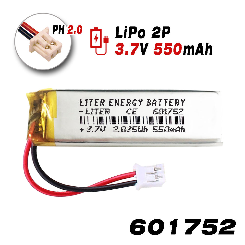 Batería 601752 LiPo 3.7V 550mAh 2.035Wh Recargable Conector PH2.0 (JST-PHR-02) Tipo B Litio: Asegúrese Que la polaridad del Dispositivo Coincide con la batería 54x17x6mm (PH2|550mAh|601752)