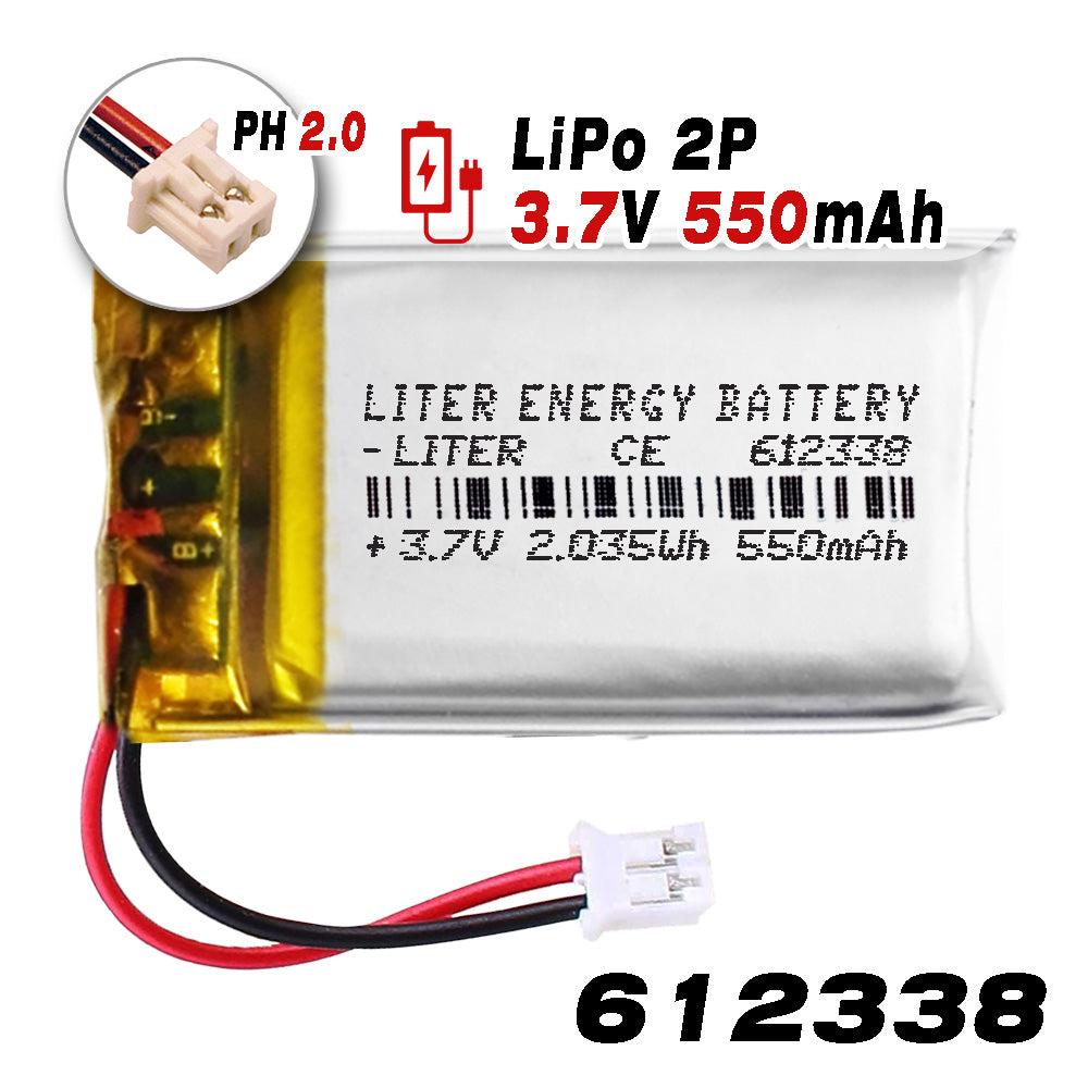Batería 612338 LiPo 3.7V 550mAh 2.035Wh Recargable Conector PH2.0 (JST-PHR-02) Tipo B Litio: Asegúrese Que la polaridad del Dispositivo Coincide con la batería 40x23x6.5mm(PH2|550mAh|612338)