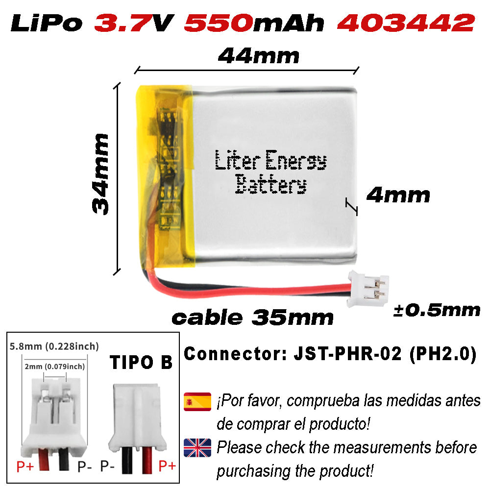 Batería 403442 LiPo 3.7V 550mAh 2.035Wh Recargable Conector PH2.0 (JST-PHR-02) Tipo B Litio: Asegúrese Que la polaridad del Dispositivo Coincide con la batería 44x34x4mm (PH2|550mAh|403442)