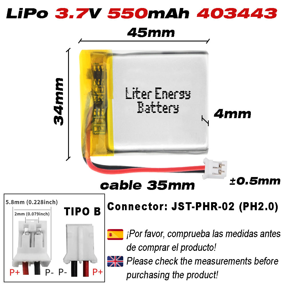 Batería 403443 LiPo 3.7V 550mAh 2.035Wh Recargable Conector PH2.0 (JST-PHR-02) Tipo B Litio: Asegúrese Que la polaridad del Dispositivo Coincide con la batería 45x34x4mm (PH2|550mAh|403443)