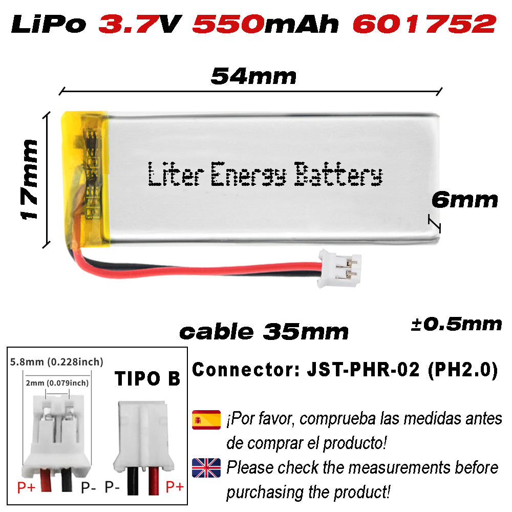 Batería 601752 LiPo 3.7V 550mAh 2.035Wh Recargable Conector PH2.0 (JST-PHR-02) Tipo B Litio: Asegúrese Que la polaridad del Dispositivo Coincide con la batería 54x17x6mm (PH2|550mAh|601752)