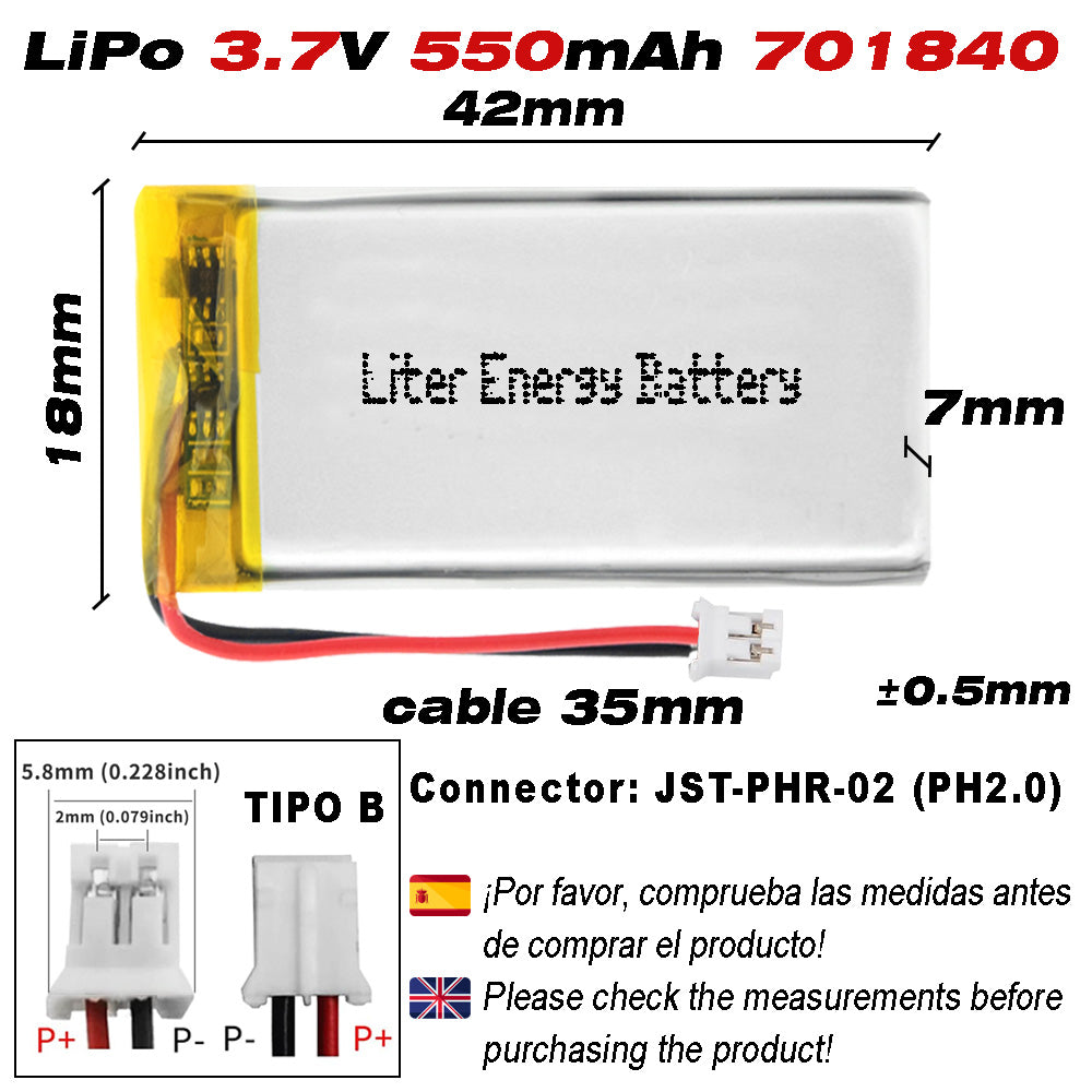 Batería 701840 LiPo 3.7V 550mAh 2.035Wh Recargable Conector PH2.0 (JST-PHR-02) Tipo B Litio: Asegúrese Que la polaridad del Dispositivo Coincide con la batería 42x18x7mm (PH2|550mAh|701840)