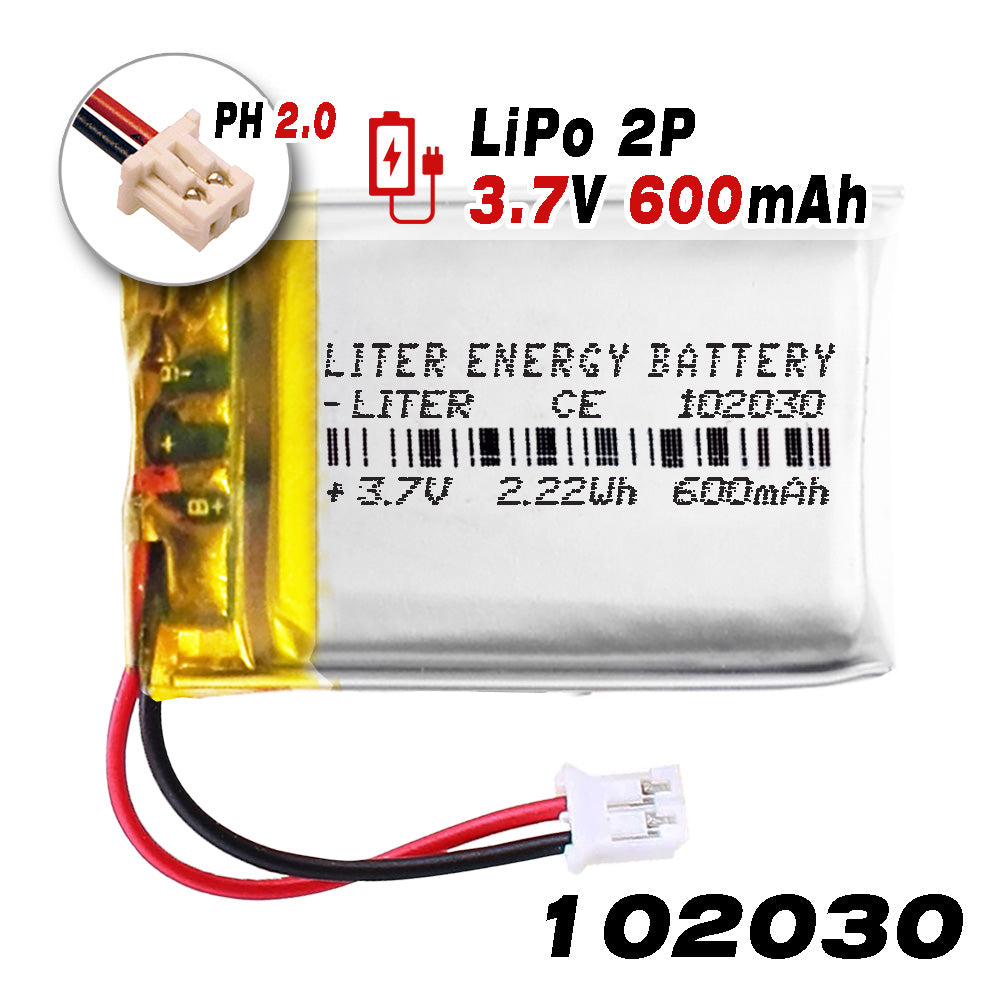 Batería 102030 LiPo 3.7V 600mAh 2.22Wh Recargable Conector PH2.0 (JST-PHR-02) Tipo B Litio: Asegúrese Que la polaridad del Dispositivo Coincide con la batería 32x20x10mm (PH2|600mAh|102030)