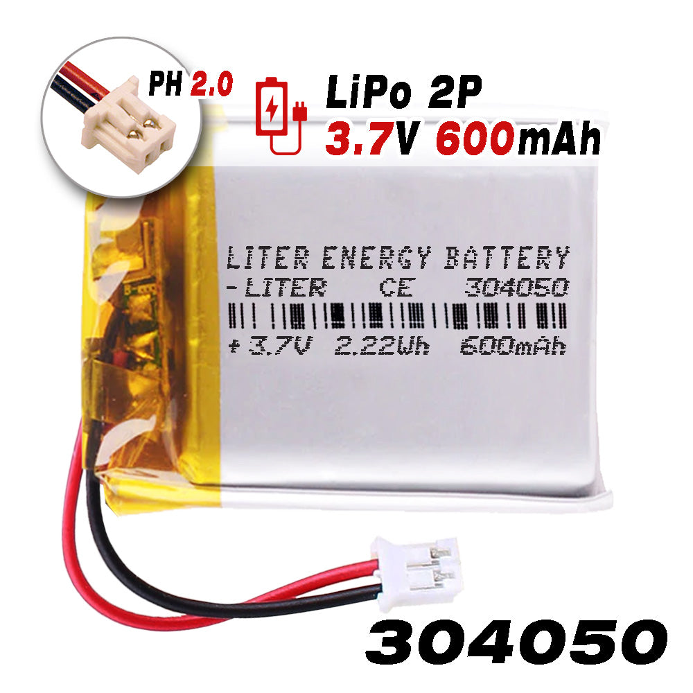 Batería 304050 LiPo 3.7V 600mAh 2.22Wh Recargable Conector PH2.0 (JST-PHR-02) Tipo B Litio: Asegúrese Que la polaridad del Dispositivo Coincide con la batería 52x40x3mm (PH2|600mAh|304050)