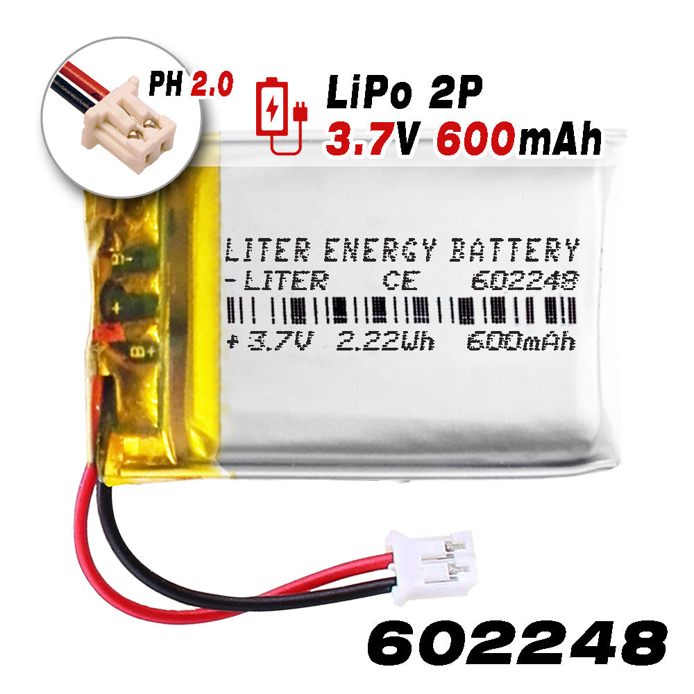Batería 602248 LiPo 3.7V 600mAh 2.22Wh Recargable Conector PH2.0 (JST-PHR-02) Tipo B Litio: Asegúrese Que la polaridad del Dispositivo Coincide con la batería 50x22x6mm (PH2|600mAh|602248)