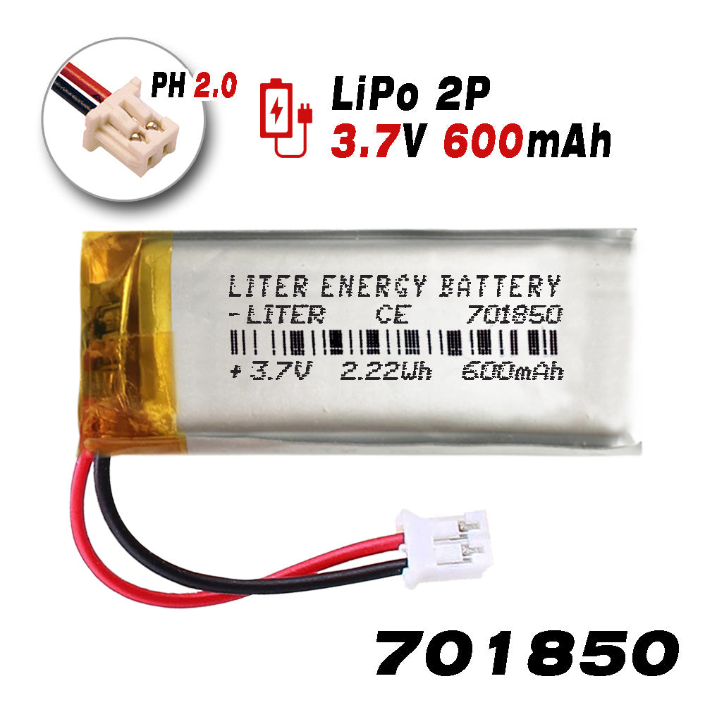 Batería 701850 LiPo 3.7V 600mAh 2.22Wh Recargable Conector PH2.0 (JST-PHR-02) Tipo B Litio: Asegúrese Que la polaridad del Dispositivo Coincide con la batería 52x18x7mm (PH2|600mAh|701850)