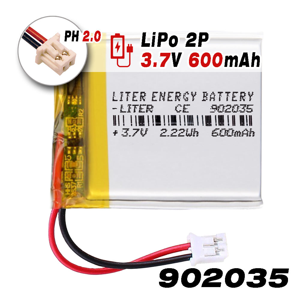 Batería 902035 LiPo 3.7V 600mAh 2.22Wh Recargable Conector PH2.0 (JST-PHR-02) Tipo B Litio: Asegúrese Que la polaridad del Dispositivo Coincide con la batería 37x20x9mm (PH2|600mAh|902035)