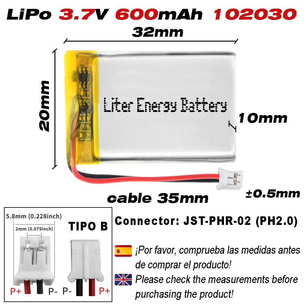 Batería 102030 LiPo 3.7V 600mAh 2.22Wh Recargable Conector PH2.0 (JST-PHR-02) Tipo B Litio: Asegúrese Que la polaridad del Dispositivo Coincide con la batería 32x20x10mm (PH2|600mAh|102030)