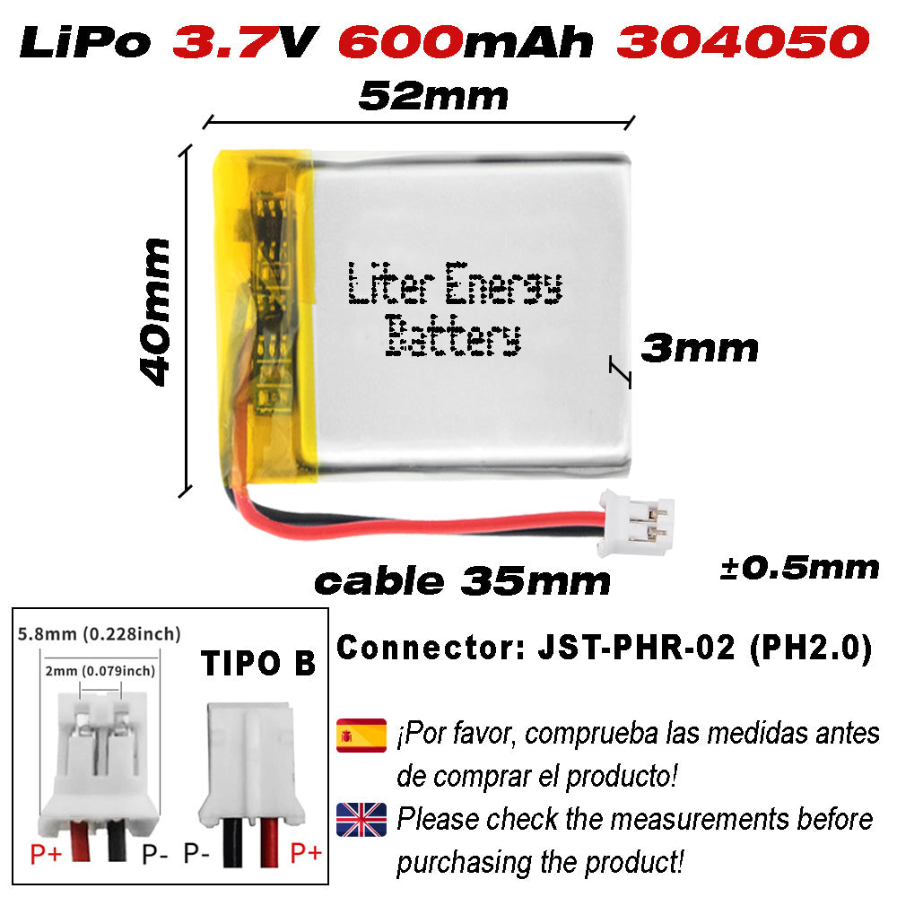 Batería 304050 LiPo 3.7V 600mAh 2.22Wh Recargable Conector PH2.0 (JST-PHR-02) Tipo B Litio: Asegúrese Que la polaridad del Dispositivo Coincide con la batería 52x40x3mm (PH2|600mAh|304050)