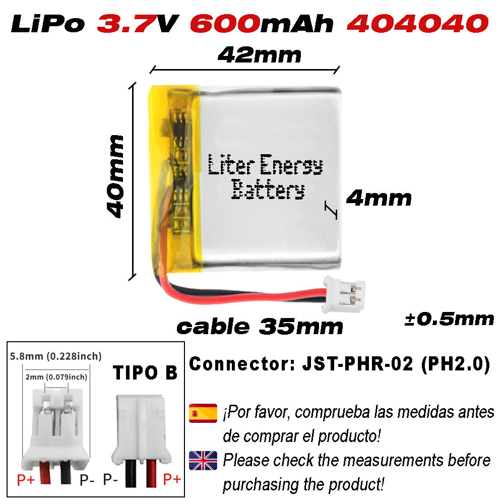 Batería 404040 LiPo 3.7V 600mAh 2.22Wh Recargable Conector PH2.0 (JST-PHR-02) Tipo B Litio: Asegúrese Que la polaridad del Dispositivo Coincide con la batería 42x40x4mm (PH2|600mAh|404040)