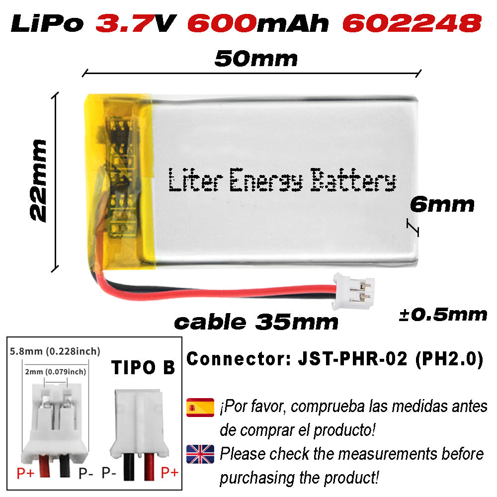 Batería 602248 LiPo 3.7V 600mAh 2.22Wh Recargable Conector PH2.0 (JST-PHR-02) Tipo B Litio: Asegúrese Que la polaridad del Dispositivo Coincide con la batería 50x22x6mm (PH2|600mAh|602248)
