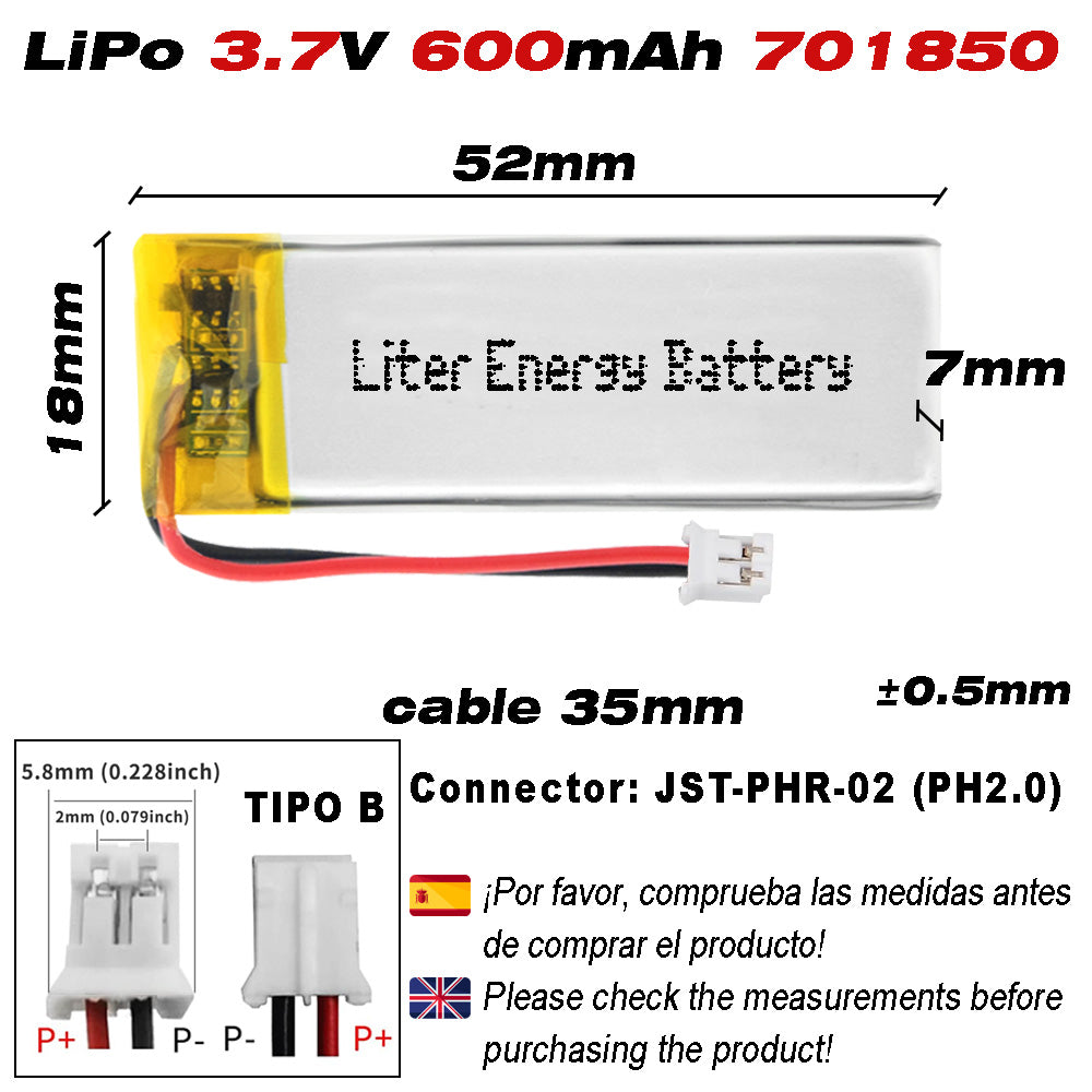 Batería 701850 LiPo 3.7V 600mAh 2.22Wh Recargable Conector PH2.0 (JST-PHR-02) Tipo B Litio: Asegúrese Que la polaridad del Dispositivo Coincide con la batería 52x18x7mm (PH2|600mAh|701850)