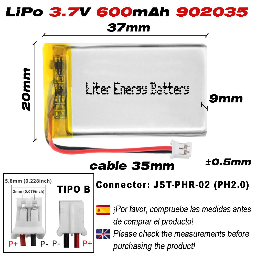 Batería 902035 LiPo 3.7V 600mAh 2.22Wh Recargable Conector PH2.0 (JST-PHR-02) Tipo B Litio: Asegúrese Que la polaridad del Dispositivo Coincide con la batería 37x20x9mm (PH2|600mAh|902035)