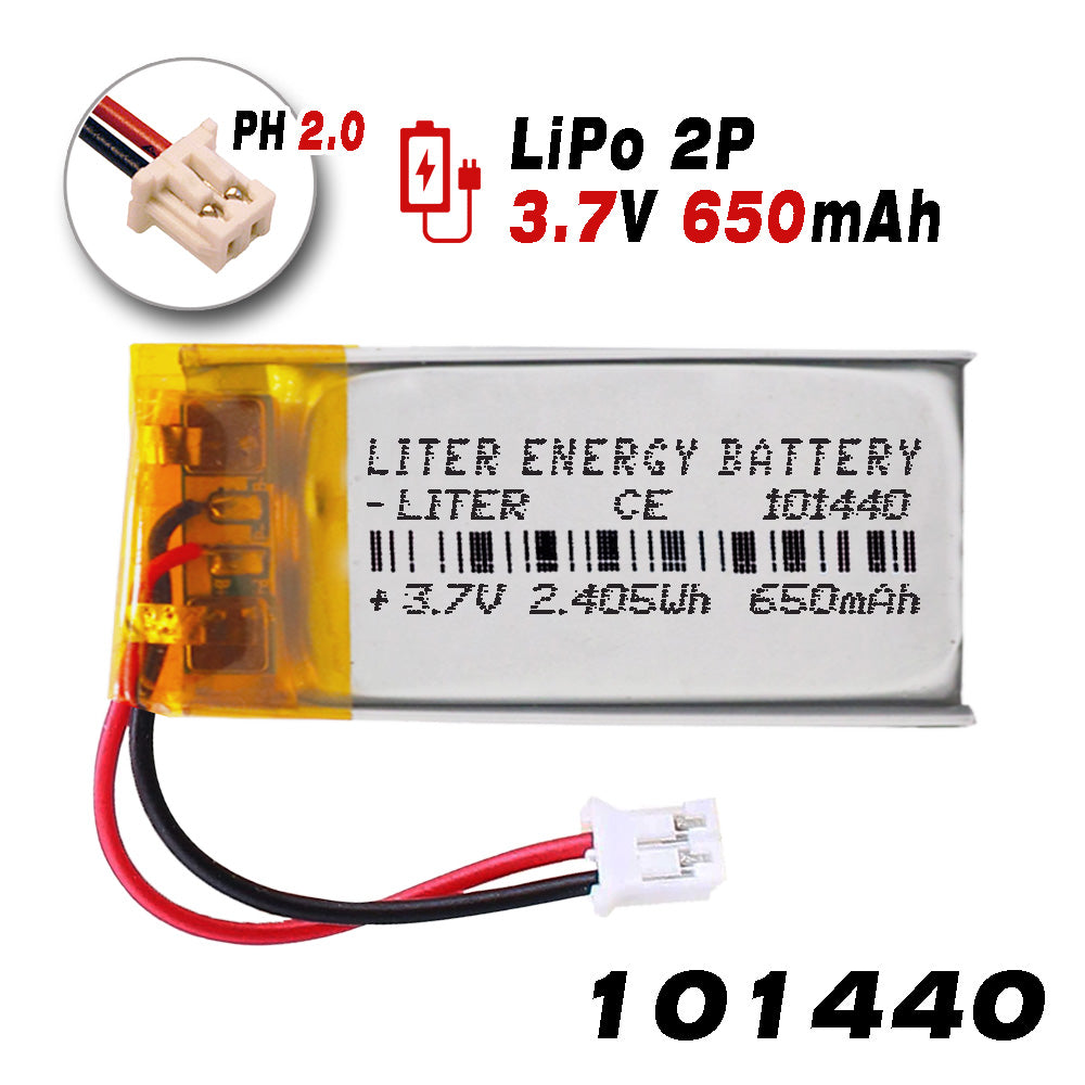Batería 101440 LiPo 3.7V 650mAh 2.405Wh Recargable Conector PH2.0 (JST-PHR-02) Tipo B Litio: Asegúrese Que la polaridad del Dispositivo Coincide con la batería 42x14x10mm (PH2|650mAh|101440)