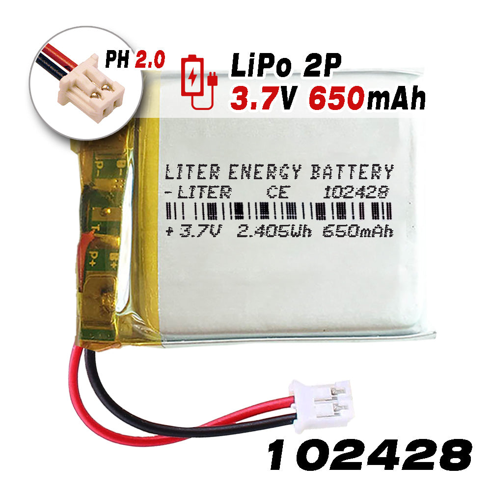 Batería 102428 LiPo 3.7V 650mAh 2.405Wh Recargable Conector PH2.0 (JST-PHR-02) Tipo B Litio: Asegúrese Que la polaridad del Dispositivo Coincide con la batería 30x24x10mm (PH2|650mAh|102428)