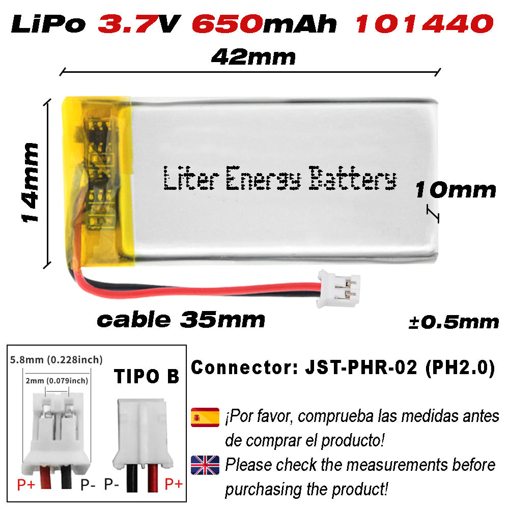Batería 101440 LiPo 3.7V 650mAh 2.405Wh Recargable Conector PH2.0 (JST-PHR-02) Tipo B Litio: Asegúrese Que la polaridad del Dispositivo Coincide con la batería 42x14x10mm (PH2|650mAh|101440)